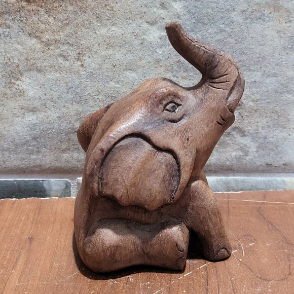 Small Wood Carved Elephant Raised Trunk Statue - Picture 2 of 10